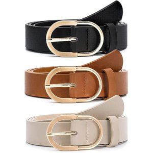 3 Pack Women's Leather Belts Jeans Pants Fashion Gold Buckle Ladies Dress Belt
